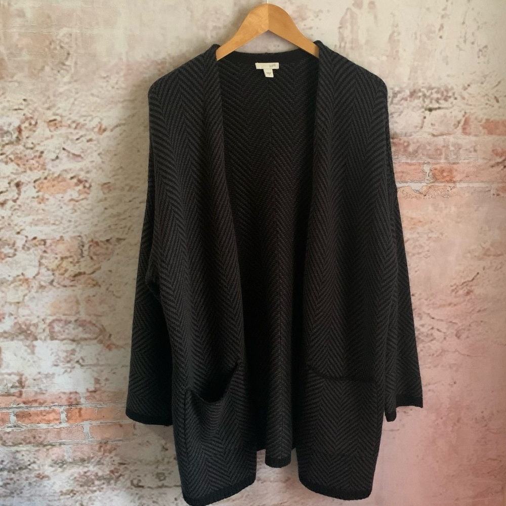 J. Jill Wool Blend Long Line Black Open-Front  Sweater Cardigan